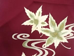 アンティーク　塩瀬　手描き　流水に楓模様名古屋帯